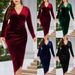 European And American Cross-Border Plus Size W's Long Sleeve Velvet Sexy Ruched Bodycon Deep V-Neck Gown Dress For_ecoleips.com