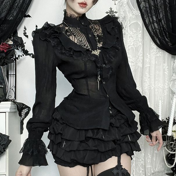 Halloween Lace Hollow out Long Sleeve Top for Women Dark Style Comfortable Casual Shirt Autumn Fashion_ecoleips.com