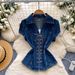 Women's Commuter Style V Neck Skin Friendly Breathable Tie up Denim Shirt Summer Slimming Short Sleeved Top_ecoleips.com