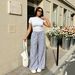 Classic White T-Shirt & Wide Leg Stripe Pants Set, Casual Two-Piece Outfit For Women, Comfortable Daily Wear Loungewear Co-Ords_ecoleips.com