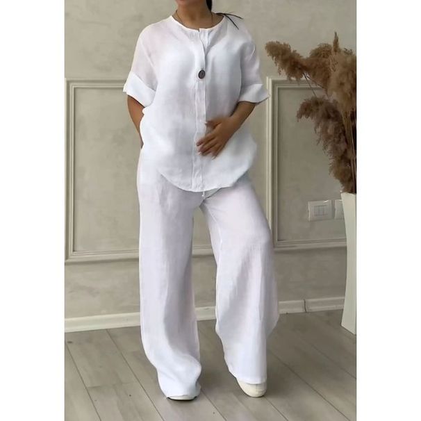 Cross-border European American Style White Linen Collared Shirt And Wide-leg Pants Set For Women, Loose Casual Home_ecoleips.com