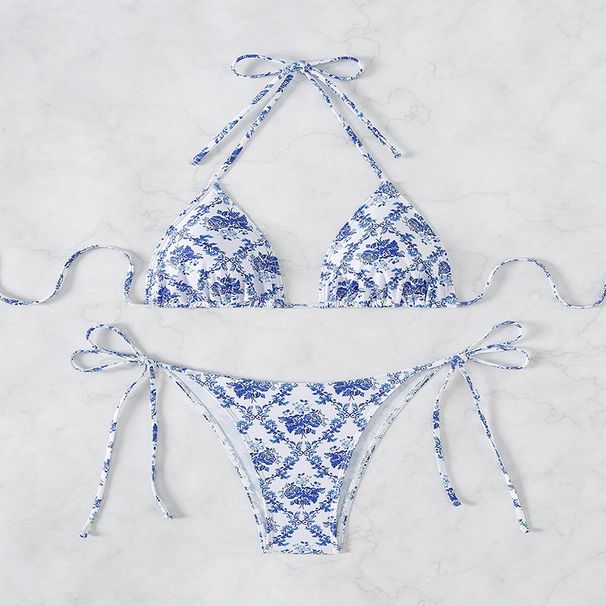 Women's Clothing Floral Halter Neck Lace Up Hot Spring Swimsuit Sexy Beach Bikini_ecoleips.com