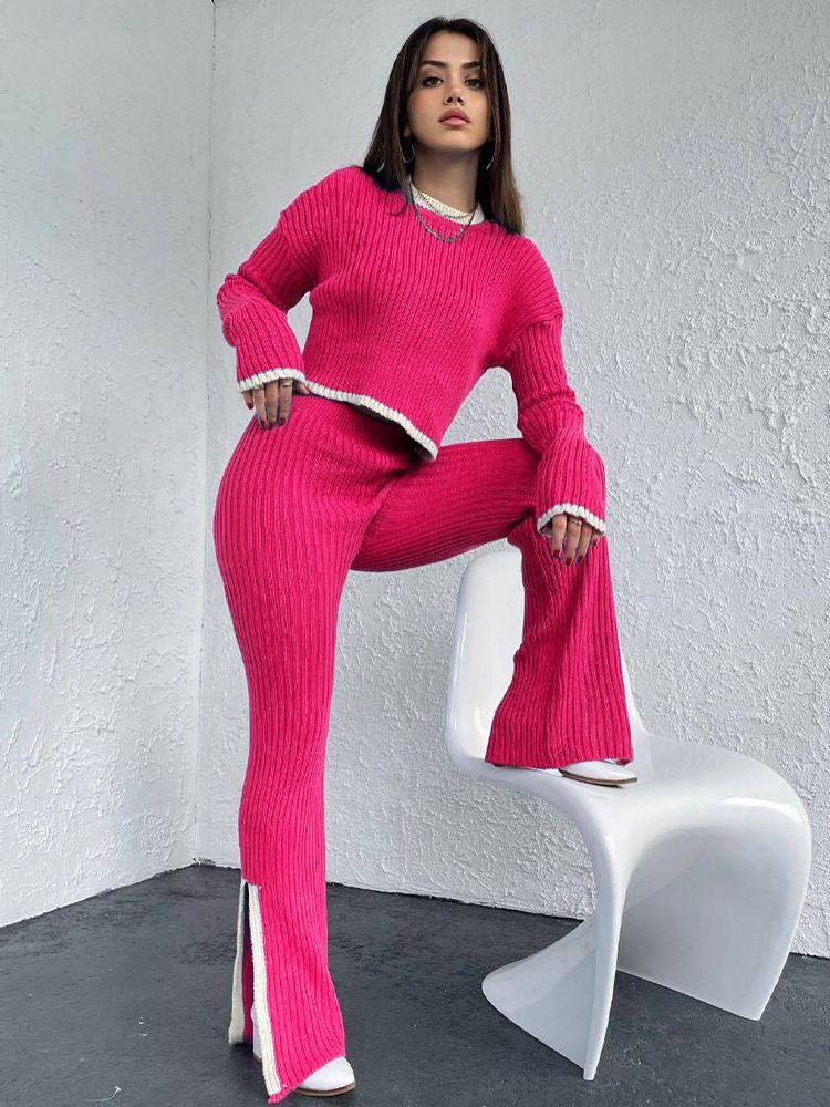 Women's Long Sleeved Knitted Sweater And Trousers Suit Autumn Winter European American Style Cross Border Russian Fashion Top Bottom Set_ecoleips.com