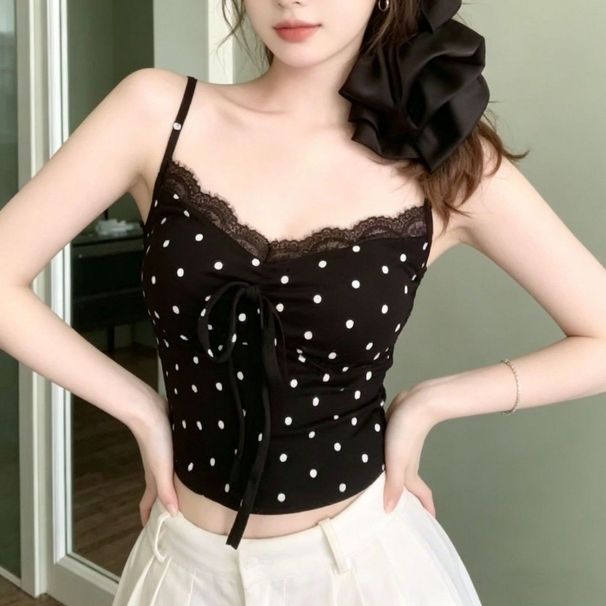Popular Polka Dot Lace French Sexy Design Summer Slim-fit Camisole With Beautiful Back Women, Trendy Inner Tank Top For_ecoleips.com