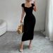 Women's Purple Sweetheart Neck Short Sleeve Stretchy Ribbed Knit Bodycon Midi Dress Summer Beach Vacation Party Long Dress_ecoleips.com