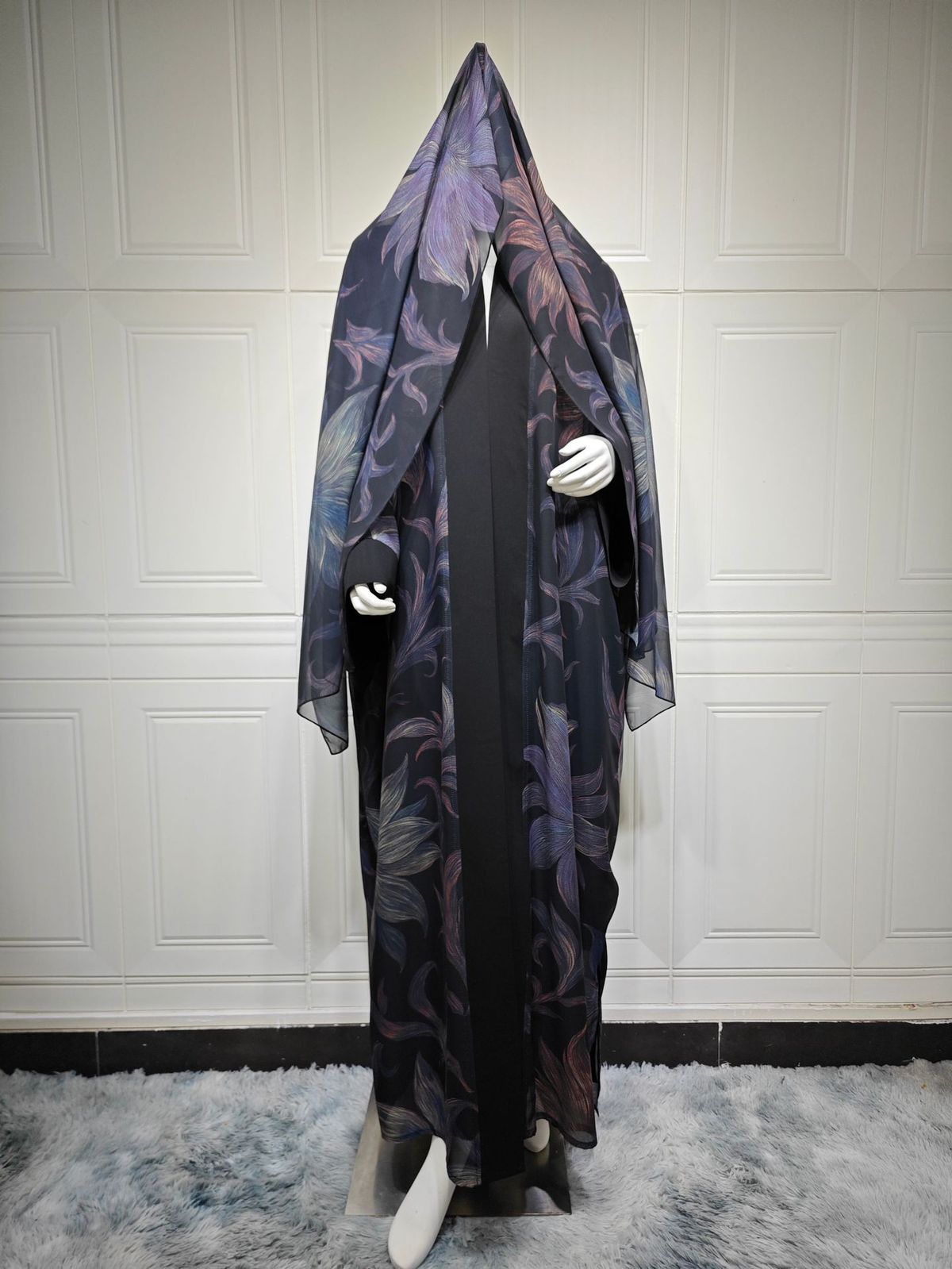 Middle East Women's Chiffon Cardigan Robe Set with Headscarf Printed Jacket Dubai Abaya Casual Two Piece Outfit_ecoleips.com