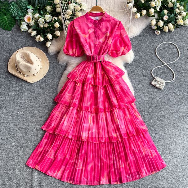 French-Inspired Vacation Sundress With Round Neck, Puff Sleeves, And Tiered Flowy Skirt_ecoleips.com