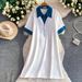 Women's European American Retro Slimming Denim Patchwork Zipper Collar Summer Casual Loose Straight Long Dress_ecoleips.com