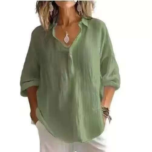 Spring/Summer Pure Color Casual Loose Long-Sleeved Linen V-Neck Shirt With Patchwork Design For Women_ecoleips.com