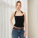 Elegant Halter Neck Top With Metal Ring Detail, Solid Color Summer Casual Stretch Polyester Spandex Blouse For Women_ecoleips.com
