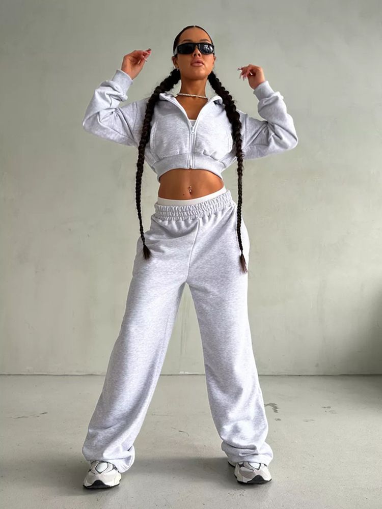 Women's Clothing Sexy Hoodie & High-Waist Long Pants Set - Cropped Zip-Up Streetwear (Grey/Black/Red/More, S/M/L/XL)_ecoleips.com