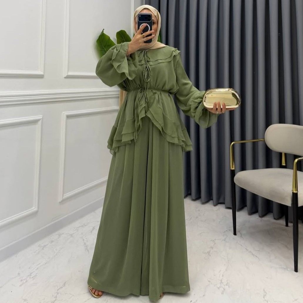 Elegant plus Size Lantern Sleeve Blouse Wide Leg Pants Set Women's Stylish Two Piece Outfit_ecoleips.com