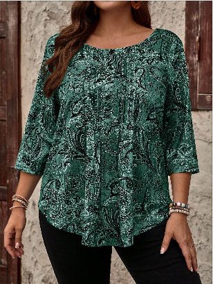 Plus Size Women's Paisley Print Long Sleeve Button-Down Blouse - Loose Fit Casual Tunic Top For Autumn & Winter (Green, Grey)_ecoleips.com