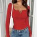 Women's Lace Button V Neck Long Sleeve Top Slim Fit Style Spring Autumn Fashion Top_ecoleips.com
