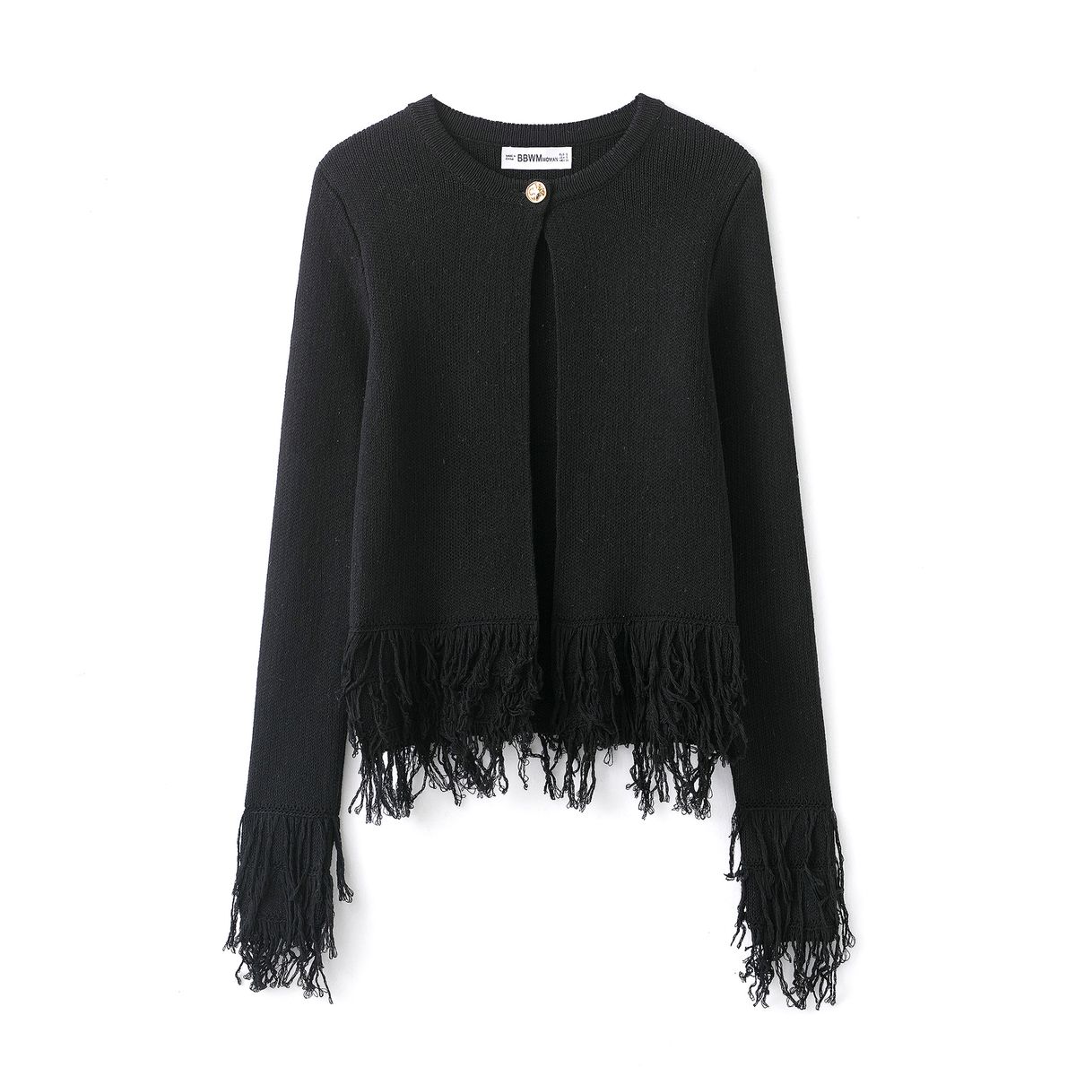 Fringe-Trim Button-Up Knit Cardigan – Lightweight Autumn Layering Piece ( Chic, Soft Yarn, Versatile Styling, Trendy Fringe Detail)_ecoleips.com