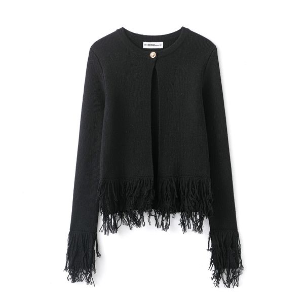 Fringe-Trim Button-Up Knit Cardigan – Lightweight Autumn Layering Piece ( Chic, Soft Yarn, Versatile Styling, Trendy Fringe Detail)_ecoleips.com