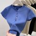 Women's Semi-Open Neck Knit Short Sleeve T-Shirt Slim Fit Casual Top for Petite And Tall_ecoleips.com
