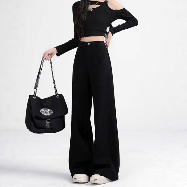 Black Wide-leg Jeans For Women, 2025 New Plus-size High-waisted, Loose-fitting, Slimming, Straight-leg, Flared,_ecoleips.com