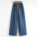 Plus-size Straight-leg Jeans Women, New Style For Plus-size Girls, Mid-waist, Loose Fit, Elastic Waist With Drawstring,_ecoleips.com