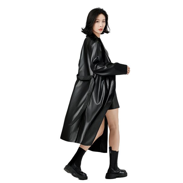 Women’s Long PU Leather Trench Coat – Punk-Inspired Anti-Wrinkle Faux Leather Jacket For EU/US (S-XL, Gothic Streetwear, Belted Waist)_ecoleips.com