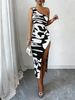 Women Dress One Shoulder Zebra Print High Slit Bodycon Midi Dress Bold Spring Summer Sexy Club Date Night Out Flattering Outfit_ecoleips.com