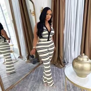 Summer Women's Casual Shirt Collar Sleeveless Top And Bodycon Pants Set European And American Style Waist Length Cross Border_ecoleips.com