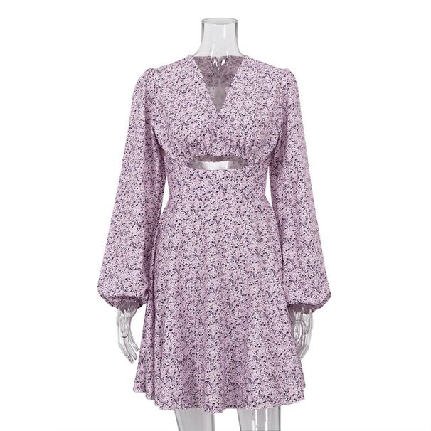 Foreign Trade Women's Clothing 2026 Summer New Fashion Long Sleeve V-Neck Slim-Fit Printed French Dress_ecoleips.com