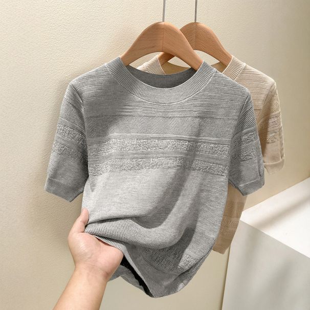 Summer Ice Silk Hollow Loose Design Tops Knitted Sweaters Women's New Tencel Round Neck Short Sleeve T Shirt Thin_ecoleips.com