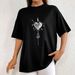 Women's Casual Black T-Shirt round Neck Short Sleeve Heart Print Loose Fit European American Style Simple Sports Top for Summer_ecoleips.com
