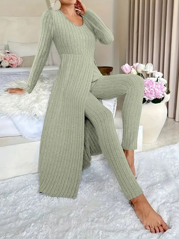 Women’s Clothing Design Round Neck Split Long Sleeve Two Piece Suit Ribbed Spring_ecoleips.com