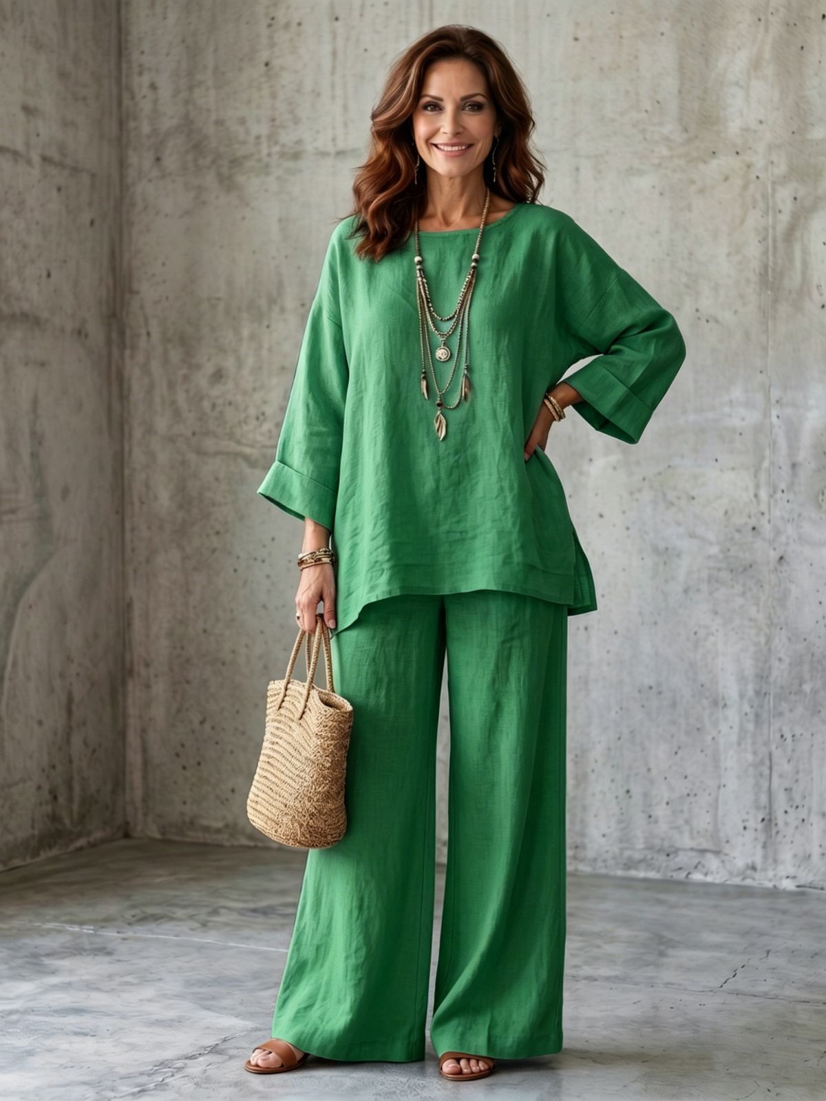 Women's Simple Linen Blend Shirt And Wide Leg Pants Set Crew Neck Loose Fit 2026 New_ecoleips.com