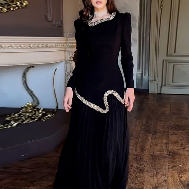 Women's Casual Long Sleeve Draped Gowns Dress Elegant Hight Waist Solid Long Party Dresses Sequin Splicing V-neck Banquet Dress_ecoleips.com