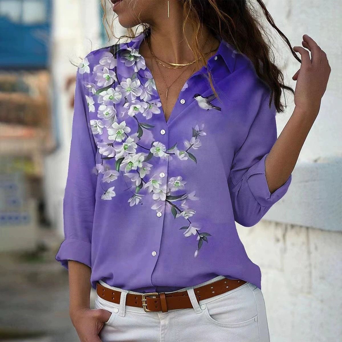 Women's Clothing Women's Elegant Printed Long Sleeve Shirt Loose Collar Single Breasted Top Style Ladylike Design_ecoleips.com