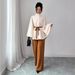 European American Style Women's Wool Blend Short Coat With Stand Collar, Flared Sleeves, Waist Tie, And Belted Design_ecoleips.com