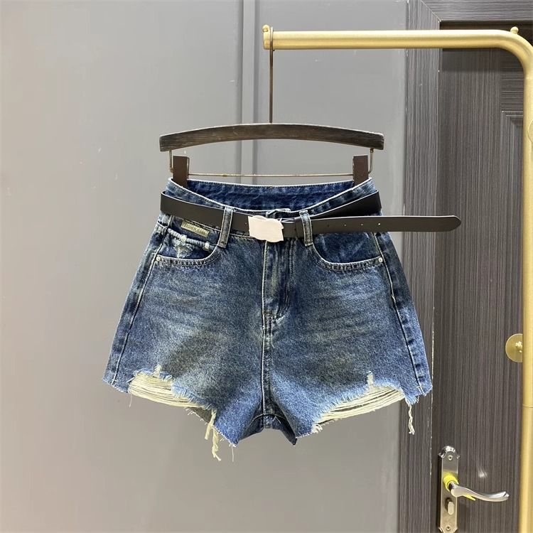 Women's Dark Denim Shorts European Style Ripped Frayed Hem Slimming Wide Leg A-Line Hot Pants Summer 2026 Versatile Clothing_ecoleips.com