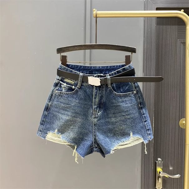 Women's Dark Denim Shorts European Style Ripped Frayed Hem Slimming Wide Leg A-Line Hot Pants Summer 2026 Versatile Clothing_ecoleips.com
