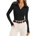Women's Long Sleeved Casual Top European American Style V Neck Ribbed Knit Sweater Slim Fit Autumn Winter Top with Collar_ecoleips.com