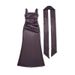 Women's Square Neck Spaghetti Strap Long Dress Solid Color Slim Fit Pleated Waist Fishtail Skirt Ribbon Ties_ecoleips.com