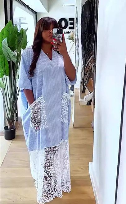 Women's plus Size V-Neck Striped Dress Long Sleeve Lace Trim Maxi Elegant Spring Fashion Essential 2026_ecoleips.com