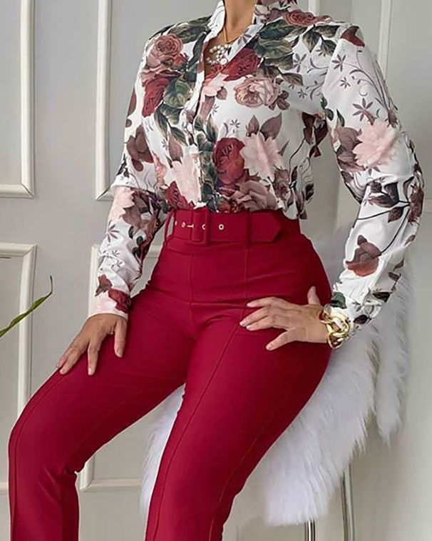 Women's Clothing Leisure Suits Printed Stand Up Collar Long Sleeved Shirt Top Wide Leg Pants Two Piece Suit_ecoleips.com