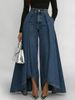 Women's Long Hem Solid Color Casual Faux Denim Print Button Straight Leg Pants New Arrival_ecoleips.com