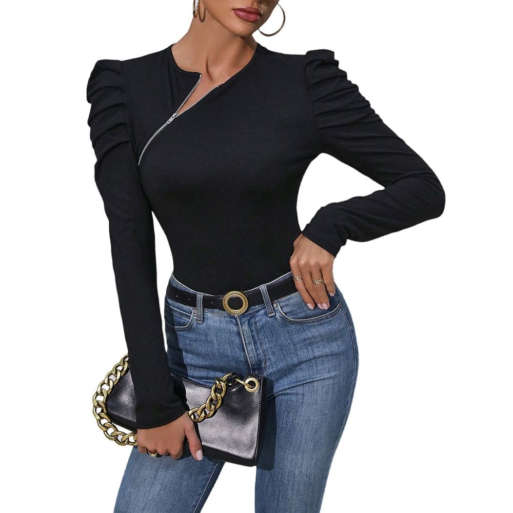 High-end Niche Black Knit Top For Women With Irregular Side Zipper Decoration, Puff Sleeves, Versatile And Slimming_ecoleips.com