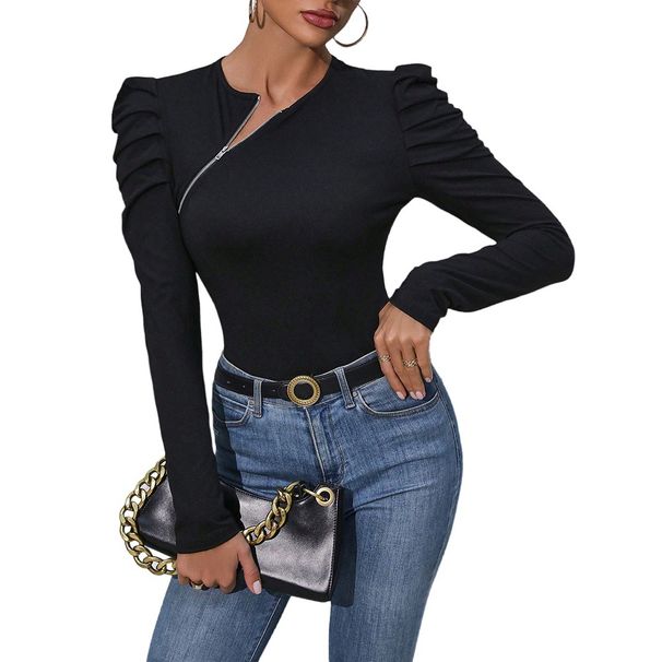 High-end Niche Black Knit Top For Women With Irregular Side Zipper Decoration, Puff Sleeves, Versatile And Slimming_ecoleips.com