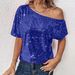 plus Size Women's Sequined Top Loose Off Shoulder Double Layer Casual Solid Color T-Shirt Women's Clothing_ecoleips.com