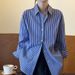 Women's Blue Striped French Style Shirt Loose Fit Versatile Top Sun Protection Elegant Fashion Spring/Autumn Regular Size_ecoleips.com