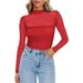 Sheer Mesh Long Sleeve Top For Women, Semi-Turtle Neck Y2K Aesthetic Stretchable Daily Basic T-Shirt_ecoleips.com