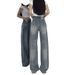 Retro High-Waisted Wide-Leg Jeans for plus Size Women Loose Fitting Straight Leg Solid Color High Street Design Pear Shaped Figure_ecoleips.com