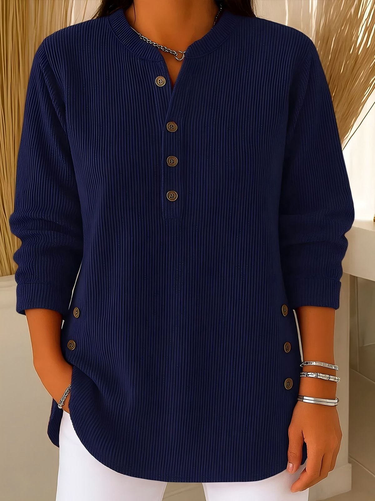 Corduroy Button-Down Shirt – Relaxed Fit V-Neck Blouse For Women, Soft & Stylish (Wine Red/Navy/Black, S-Xxxl)_ecoleips.com
