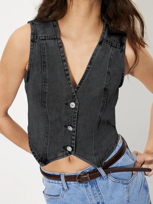 40#In Stock - 15277# Cross-Border Foreign Trade Fashion European And American INS Style Women's V-Neck Denim Vest_ecoleips.com