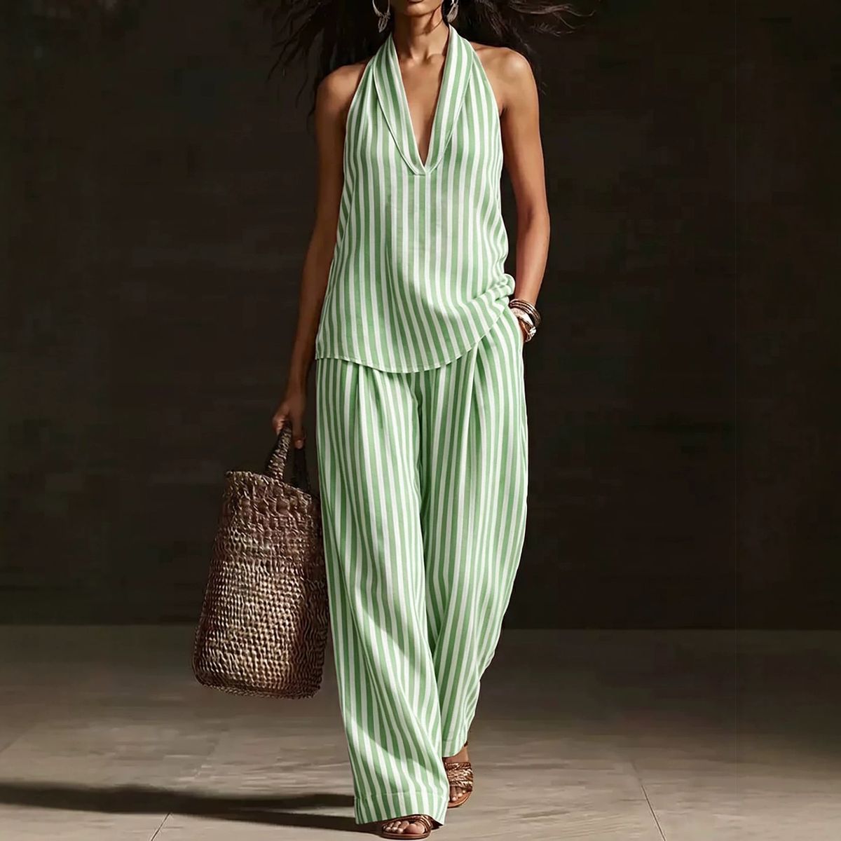 Breathable Linen-Blend Wide-Leg Pants & Halter Top Set, Striped Summer Two-Piece Outfit For Women_ecoleips.com
